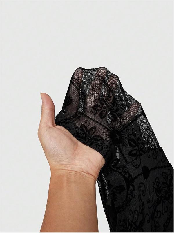 Verdusa Women's Gothic Clothes Flare Sleeve Tops Flower Pattern Velour Cross Lace-up Waist Crop Top Plus Size Double Pull Zipper Bodysuit Unisex Spandex