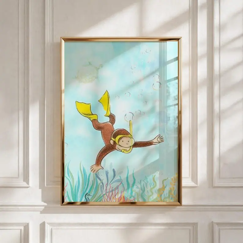 Curious George Poster  Cute Monkey Wall Art  Classic Children's Book Print  Playroom Decor  Nursery Animal Poster  Kids Room Gift