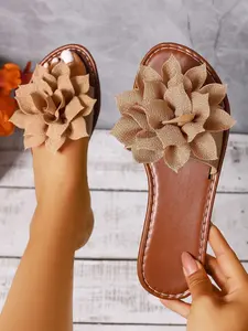 Women's Wide Width Flat Sandals, European Style Open Toe Design, Floral Accents, Fabric Material, Perfect for Beach and Outdoor Use