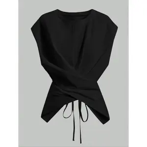 Summer Women's Knitted Round Neck Off Shoulder Sleeve T-shirt, Fashionable and Casual Asymmetric Ruffle Cross Hollow Back Strap TopRAIMENTRY