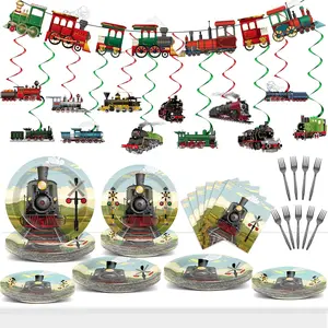 109pcs train birthday party supplies includes steam train party plates napkins fork retro train banner hanging ceiling swirls for train transportation baby shower party decorations set