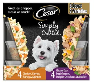 Cesar Simply Crafted Wet Dog Food Toppers for Dry Food, Chicken, Duck, Purple Potatoes, Pumpkin, Green Beans & Brown Rice, and Chicken, Carrots, Barley & Spinach Variety Pack, 1.3 oz Tubs, 8 Count
