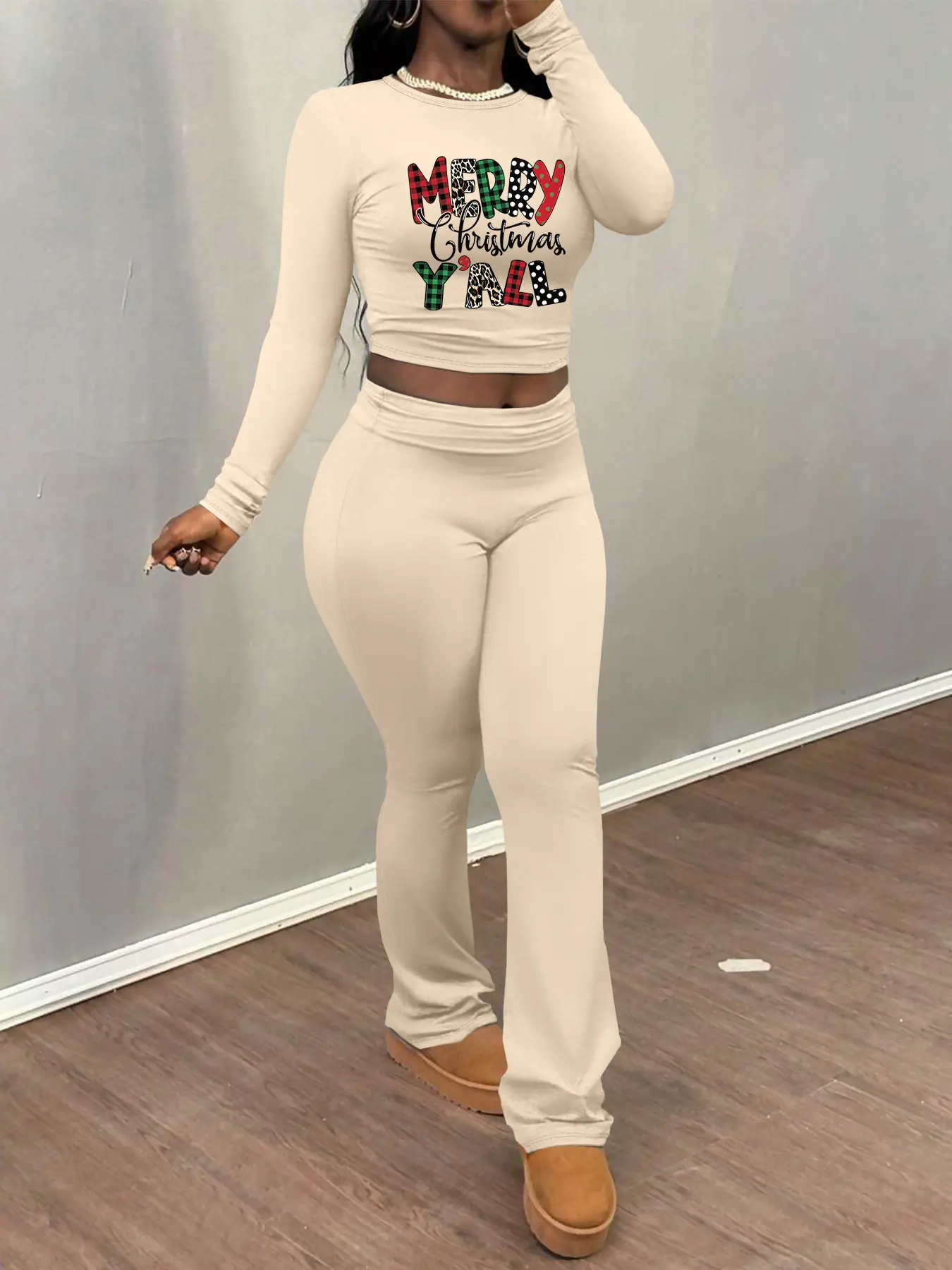 Christmas pattern printing Women's Letter Print Crop Top Set, Casual Fall & Winter, Tight-Fitting Long Sleeve Shirt + Flare Pants, Home Wear