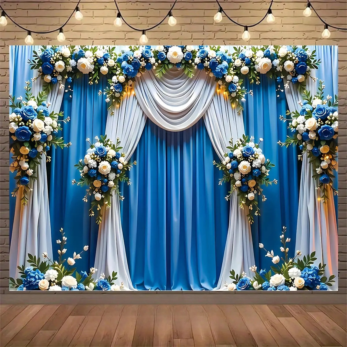 Blue and White Floral Wedding Backdrop Tapestry - Elegant Curtain Photo Decor with Easy Hang Setup, Floral Wall Look for Wedding Ceremony, Anniversary Décor