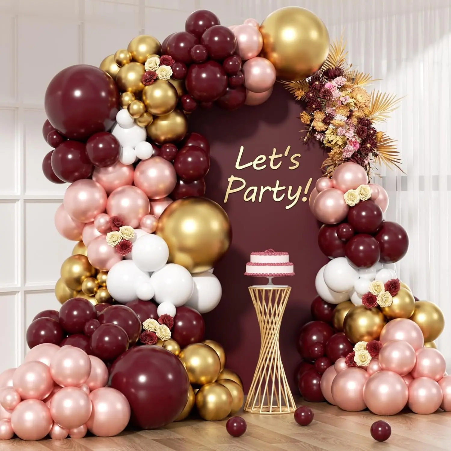 150 count Burgundy Balloon Garland Arch Kit - Birthday Party Decorations with Metallic Rose  Maroon White  Balloons for  Shower Valentines Day Bridal Shower Wedding Prom Decorations