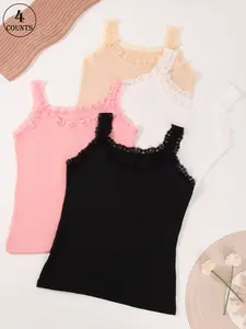 4 piece Sexy lace-trimmed women's camisole tank top, suitable for daily casual wear and layering, solid color, Short, Sleeveless, soft and comfortable, slim fit, high-elasticity base layer without padding, Underwear