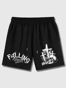 Heavy Metal Style Graphic Shorts, Elastic Waist Drawstring Shorts, Punk Skull Cross Print Streetwear, Unisex Casual Wear