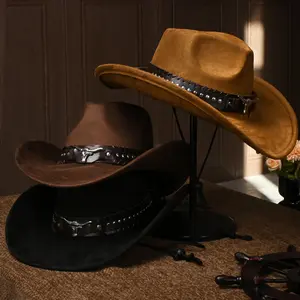 [Classic Metal Stud Cowboy Hat] Western Cowboy Hats for Men And Women, Classic Faux Suede with Metal Studs And Bull Pattern, Lightweight Unisex Festival Occasion Hat, Woven Inelastic Polyester with Decorative Accessories, No Feather, Non-Wa