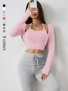 Women's Solid Color Long Sleeve Thumb Hole Design Halter Neck 2 in 1 Sports Tee Gym Yoga Tops for Yoga Gym Workout, Ladies Sportswear for All Seasons