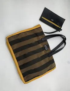 Pre-owned FENDI Vintage Pequin Stripe Canvas Tote Bag with Detachable Black Leather Pouch/BB12725053