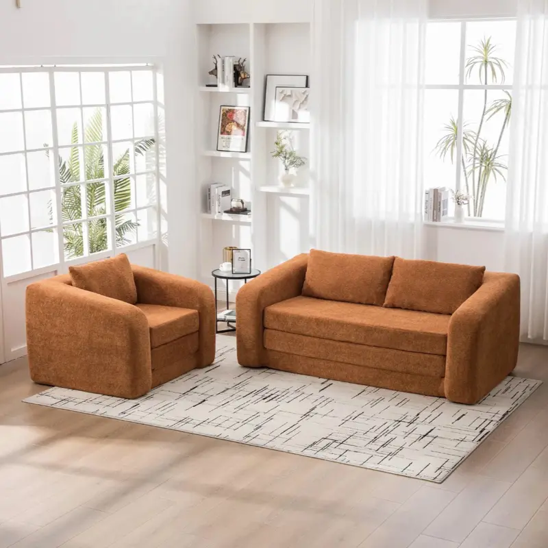 2-Piece Foldable Sofa Bed Chenille Fabric Floor Mattress Orange