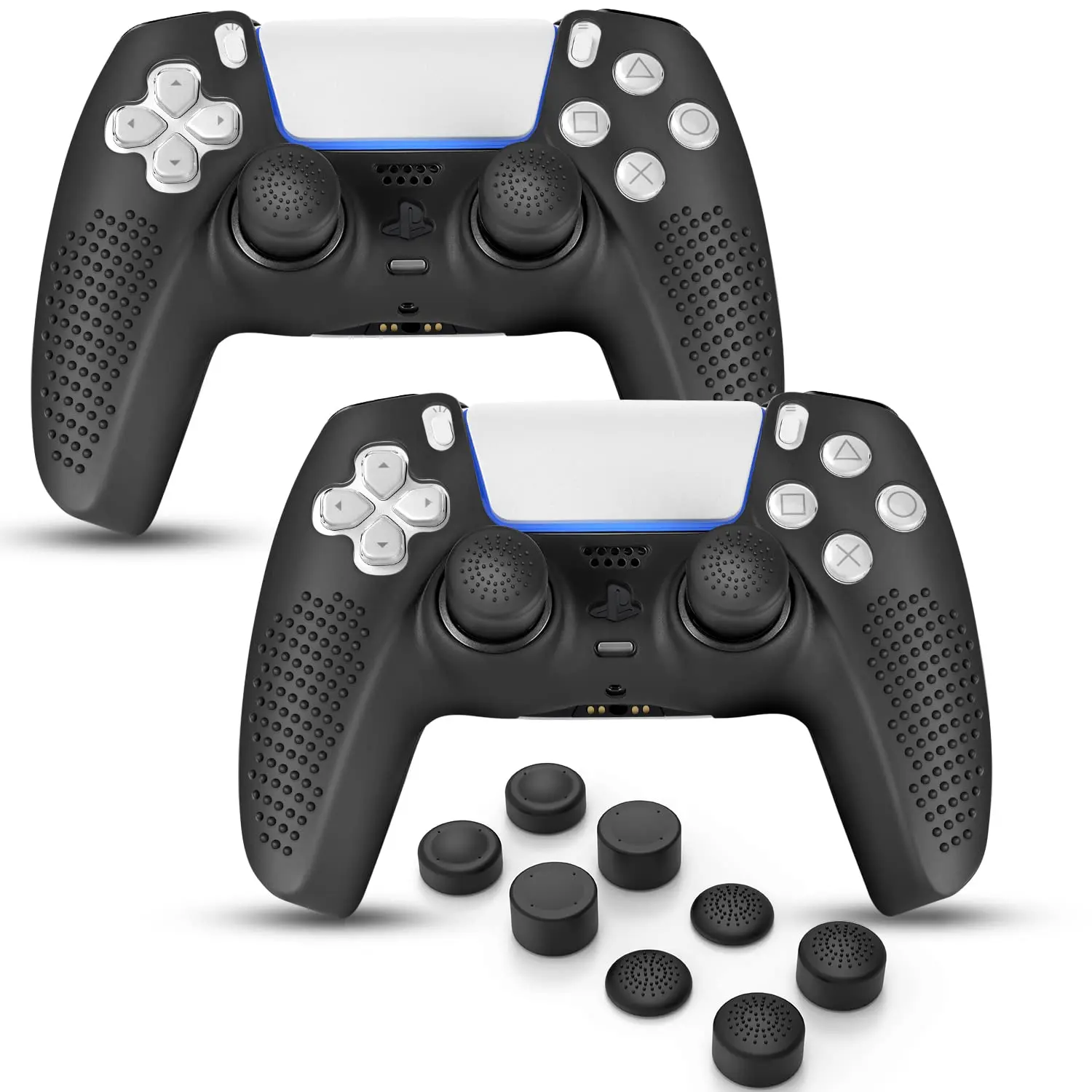 PS5 Controller Skin, Anti-Slip Soft Silicone Protective Cover Case for  5 Controller Grip Accessories, 2 Pack with 8 x Thumb Grip Caps (Black&Black)