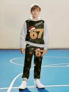Boys Christmas Cool Gingerbread Sports Set, Hooded Sweatshirt Set, Festive Tree Light Design, Casual Fall & Winter