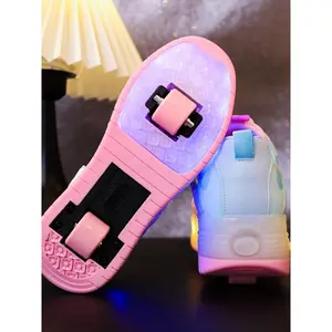 USB Rechargeable LED Light-Up Pink Sneakers, High-Top Colorful Roller Skates Unisex, Cool Light-Up Casual Sneakers, Suitable Daily Life and Travel