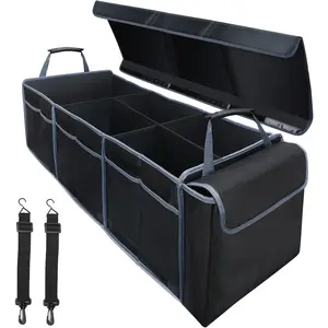 Trunk Organizer with Lid,Collapsible  Storage Organizer with Multi Compartments and Securing Straps for SUV,Sedan,-Black & Grey