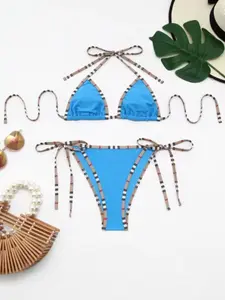 High Elastic Quick-Dry Plaid Print Bikini, Halter Neck Strap Split Swimsuit, Slim-Fitting Sexy Beach Vacation Swimwear, All Seasons, Beach Bikinis, Halter Bathing Suit