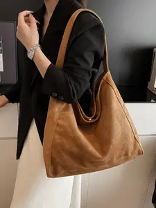 Large capacity autumn and winter vintage suede shoulder bag, solid color, simple and trendy tote bag, high-end and niche design handbag, college student class, shopping and commuting bag, Fashionable tote bag