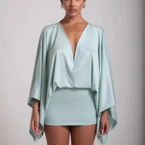 2025 Summer New Women'S Solid Color V-Neck Patchwork Casual Mini Dress Formal Womenswear