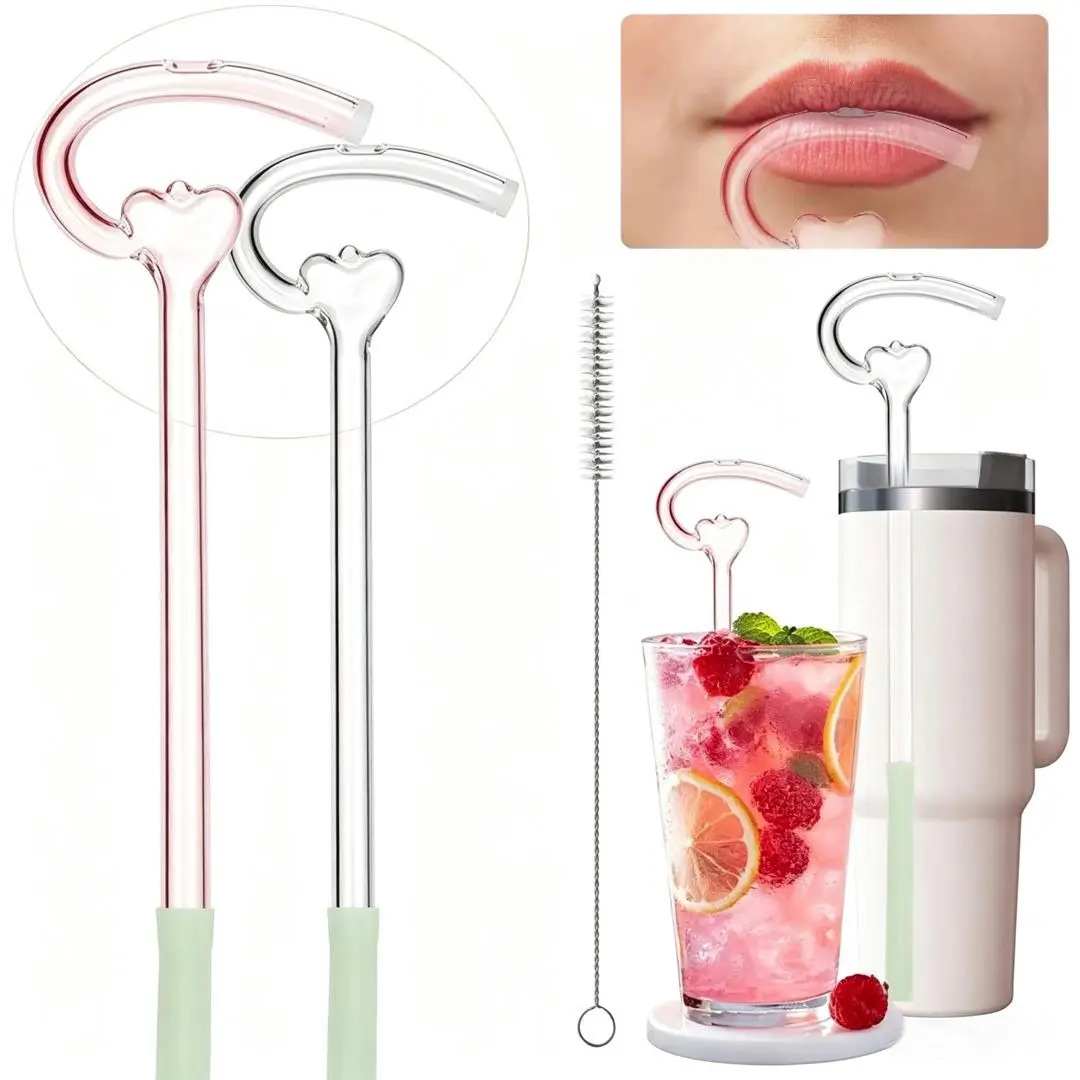 Anti-Wrinkle Glass Straw Set - 2pcs (Pink+Clear) with Cleaning Brush & Silicone Extenders, Heart Curved No Lip Wrinkle Straw for Roly-poly cup 20-40oz Tumbler, Reusable Beauty Drinking Straws, Cute Straws