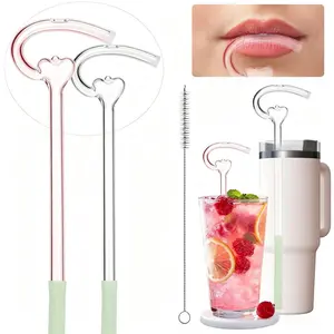 Anti-Wrinkle Glass Straw Set - 2pcs (Pink+Clear) with Cleaning Brush & Silicone Extenders, Heart Curved No Lip Wrinkle Straw for Roly-poly cup 20-40oz Tumbler, Reusable Beauty Drinking Straws