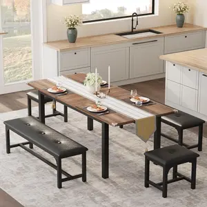 5 Pieces Dining Table Set for 4-6, 63" Extendable Dining Room Table Set, Kitchen Table with Upholstered 2 Benches and 2 Stools, Kitchen Table Set,Dinner Table Set for Small Space - Walnut