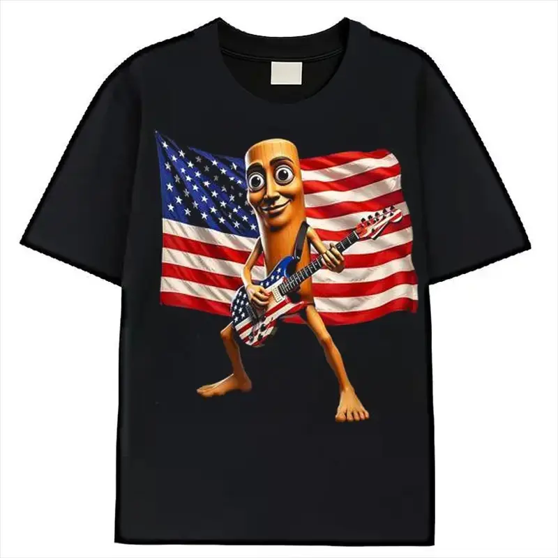 Funny printed T-shirt Tung Sahur USA Flag Rock Electric Guitar America July Fourth TShirtRetro Casual Short-sleeved T-shirt with a Round Neck and Printed Pattern Suitable for Daily Commuting and Outdoor Activities Premium Cotton T-shirt thirt