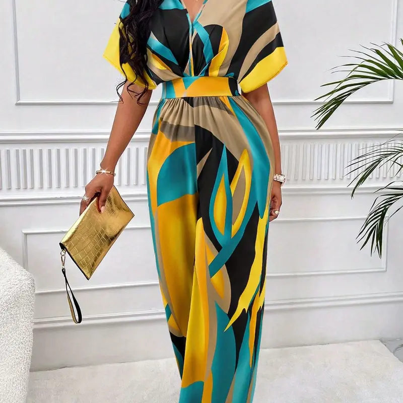 Women's Fashion Batwing Sleeve V Neck Waist Cinched Jumpsuit Geometric Colorblock Print Wide-Leg Jumpsuit, Casual Summer Wear for Vacation, Non-Elastic Smooth Fabric