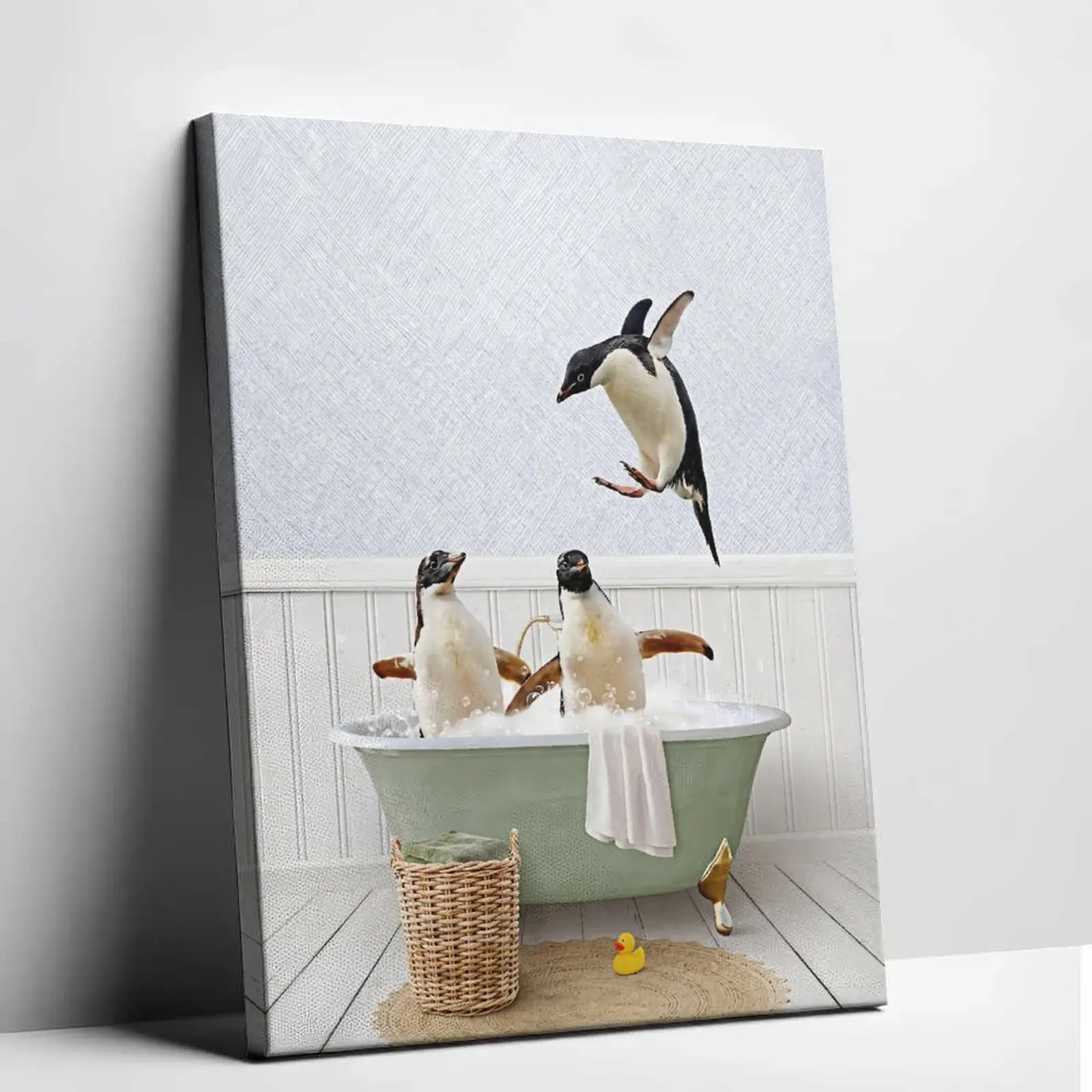 Unframed Funny Jumping Penguins in Bathtub Canvas Art Cute Animal Poster Quirky Kids Bathroom Wall Decor