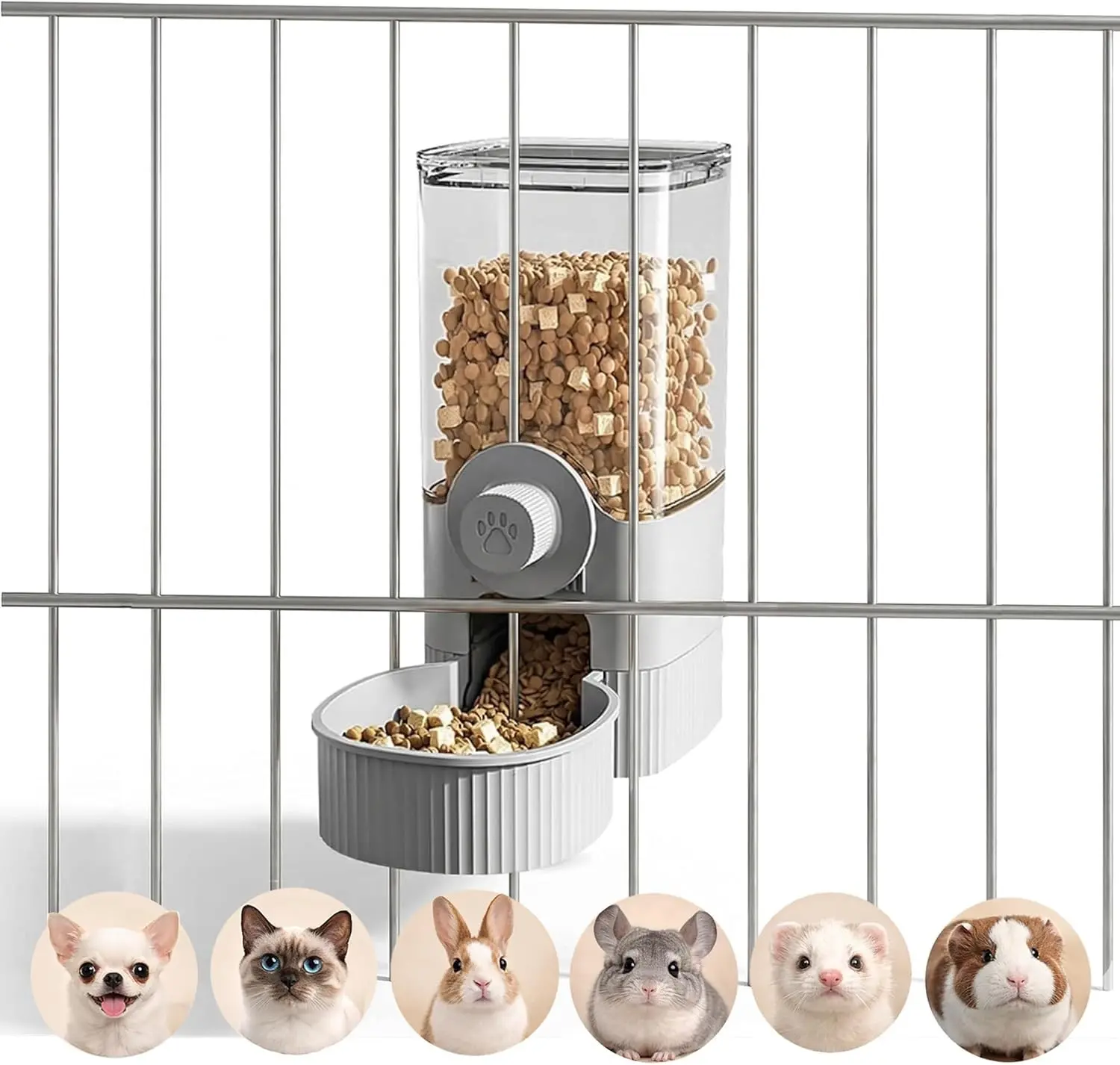 Auto Gravity Food Dispenser for Cage Hanging, 41OZ Capacity Hanging Automatic Pet Cage Feeder, Food Bowl for Cats Dogs Rabbit Ferret Chinchilla Bird Hedgehog Guinea Pig (Grey)