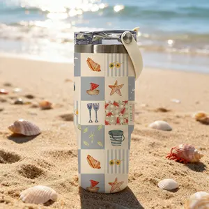 1 Pc 30 Oz Stainless Steel Insulated Tumbler with Handle and Flip Lid, Summer Beach Seashell and Starfish Pattern, Double-Wall Vacuum Cup, 100% Leak-Proof, Keep Drinks Hot 12H / Cold 24H, Perfect for Vacation, Travel, Picnic and Ocean Lovers.