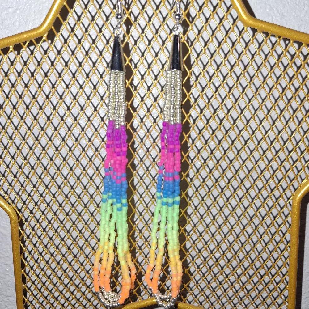 Handcrafted Beaded Earrings with Vibrant Rainbow Gradient and Silver Accents for Festive Style