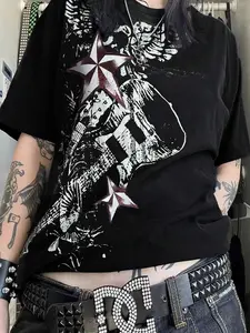 Vintage Guitar Graphic Geometric Print T-Shirt, Unisex Rock Band Style, Music Lovers Concert Wear, Casual Loose Fit for All Seasons