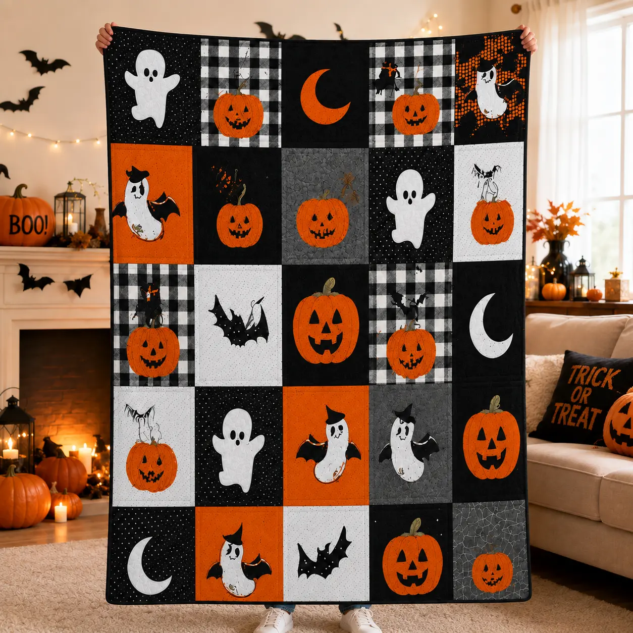 Halloween Pumpkin Ghost 2D Flat Print Flannel Blanket,Spooky Fall Throw for Movie Night Lounges, Soft Sofa Bed Cover with Cute Haunted Artwork, October Bedroom Accent & Holiday Gift for Kids Teens and Halloween Lovers