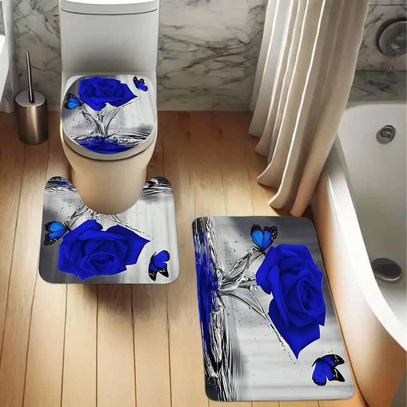 1/4pcs Watercolor Rose Shower Curtain Set - Includes Non-Slip Bathroom Mat, Toilet U-Shaped Pad, Toilet Seat Cover, Decor & Bathtub Divider with 12 Hooks Perfect for Housewarming & Christmas Gifts