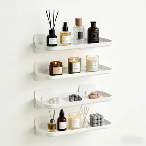 4-Pack White Floating Shelves, Lightweight Mount, Easy Cleaning, No-Drill Adhesive Racks for Bathroom, Kitchen & Living Room Wall Washable Shower