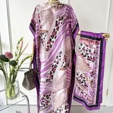 Women's Bohemian Soft 2-Piece Leopard Print Satin Kimono & Matching Scarf Complete Matching Set - Long Sleeve, Lightweight Flowing Open Front Shawl, Flattering Silhouette, Birthday Beachwear Swimsuit Cover-Up