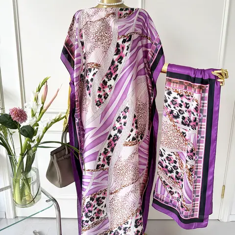 Women's Bohemian Soft 2-Piece Leopard Print Satin Kimono & Matching Scarf Complete Matching Set - Long Sleeve, Lightweight Flowing Open Front Shawl, Flattering Silhouette, Birthday Beachwear Swimsuit Cover-Up