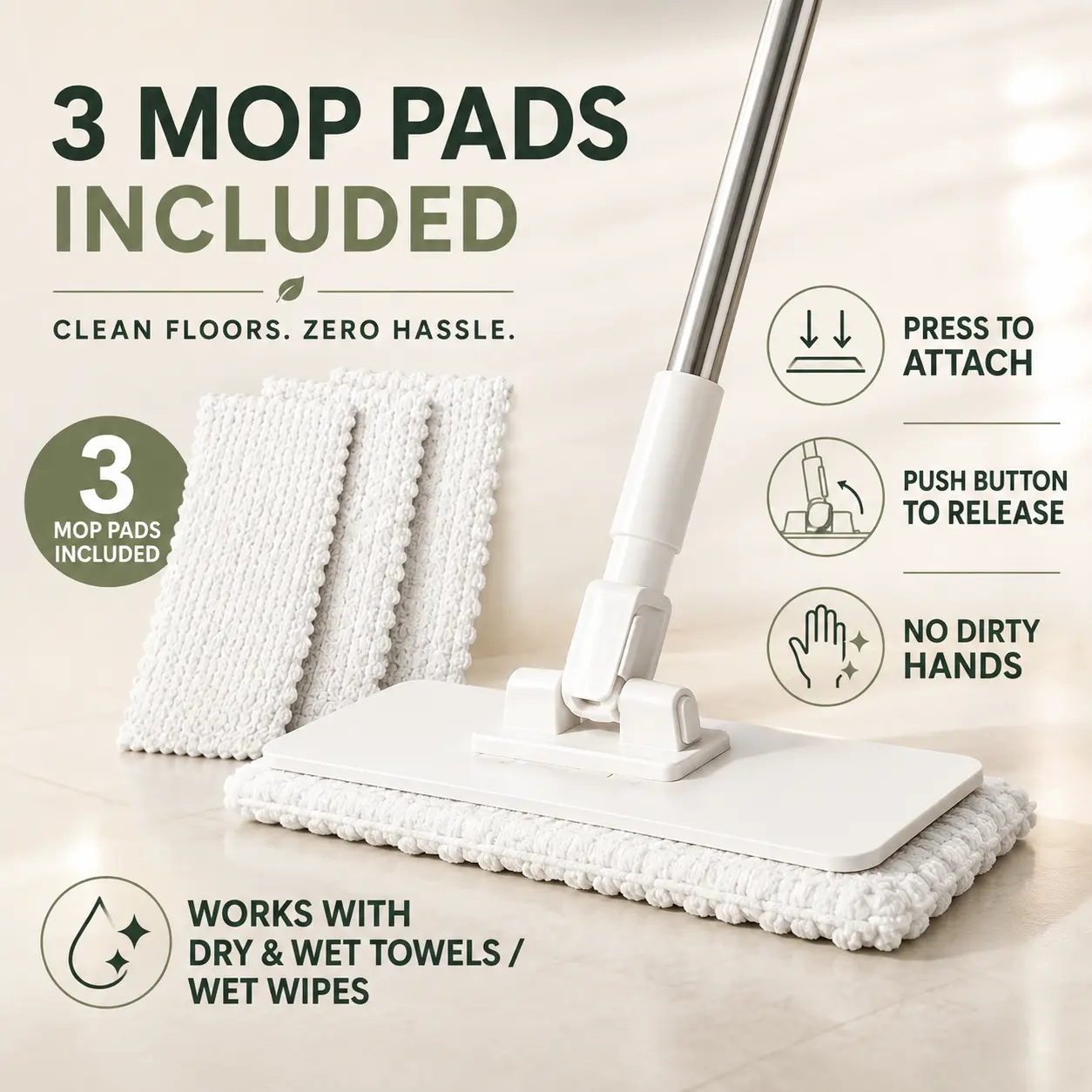 Eco-Friendly Clamp Mop - 48-Inch Extendable Sturdy Handle Mop with 3-Pack Reusable Cloths, Strong Grip for Handle + Cloth Combos, No Refills Needed for Household Daily Cleaning