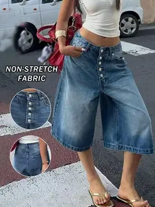 New Trendy Fashion Women's Straight Leg Wide Leg Classic Versatile Bermuda Denim Button Fly Shorts Bottom, Multi-Button Design, Comfortable Washed Craftsmanship, Casual Loose Short