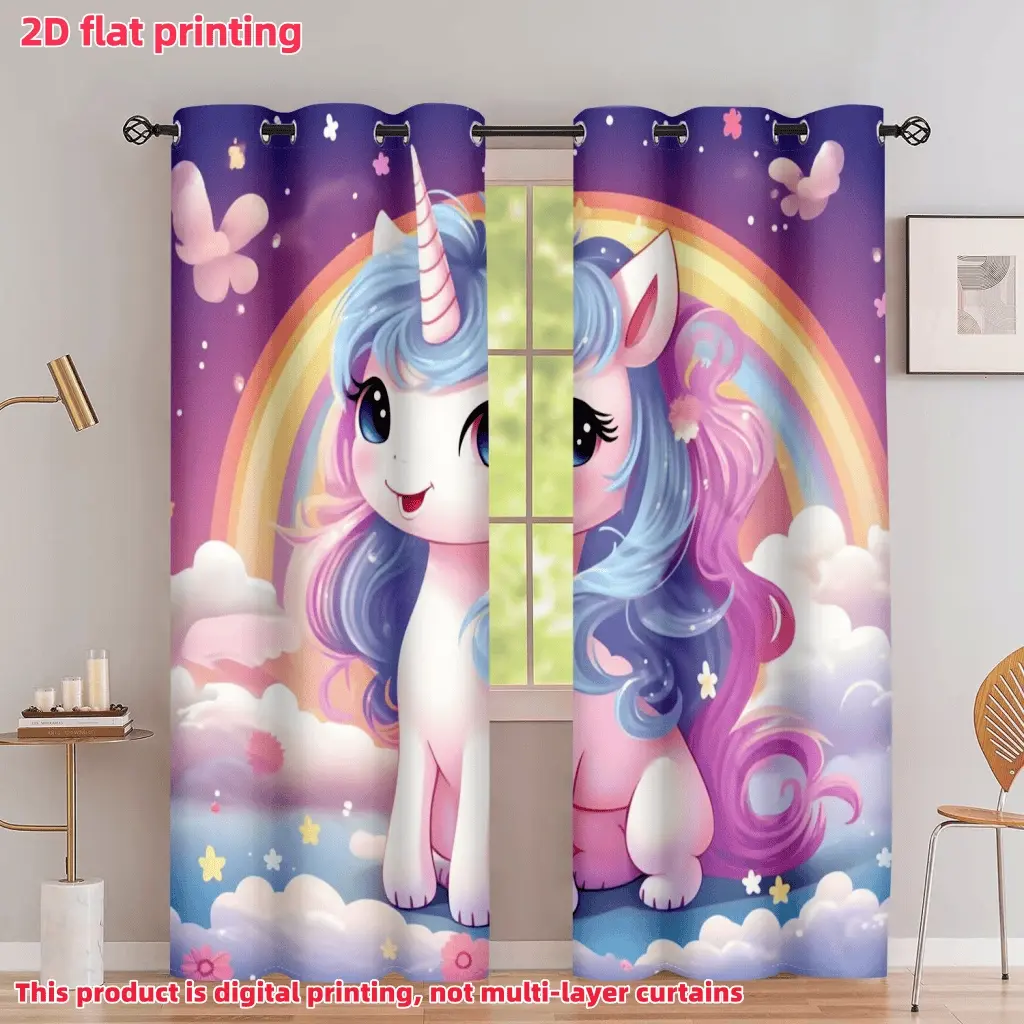 2D Flat 2Pcs Unicorn Rainbow Curtain Panels, Home Decoration Curtain, Interior Decoration Accessories, Fantasy Animal Print Drapes with Cloud & Butterfly, Semi-Sunshade Privacy Window Decor for Bedroom Living Room, Accessory