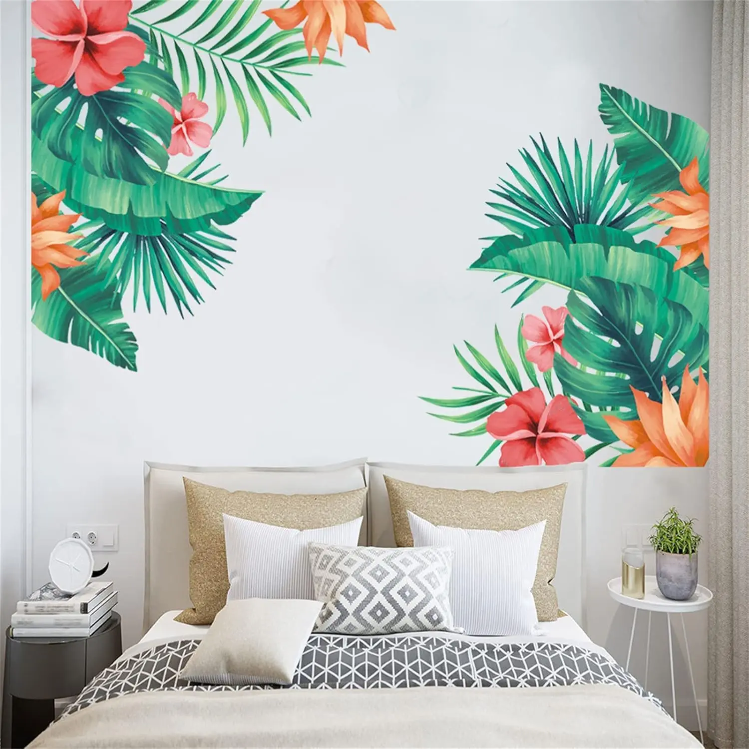 Tropical Flower Wall Decals Vinyl Flowers Wall Stickers Tropical Leaves Photo Frame Wall Sticker Art Murals Peel and Stick Wall Art Decor Wallpaper for Living Room Bedroom Door Decor