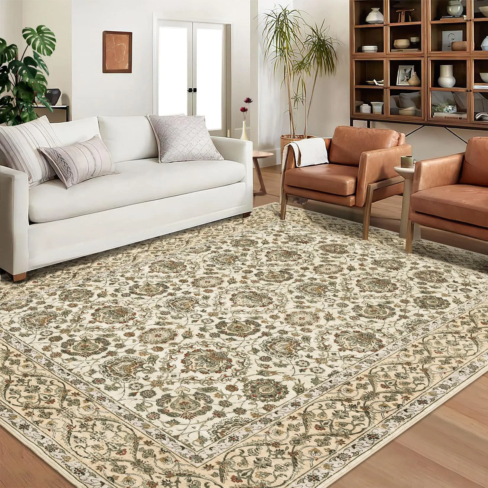 GARVEE Area Rugs 9x12 Washable Beige Rugs for Living Room Non Slip Vintage Floral Large Area Rug Boho Distressed Printed Indoor Low Pile Carpet for Bedroom Dining Room Indoor Home Office