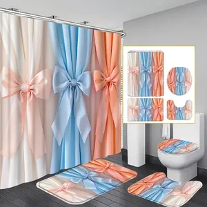 1PC/4PCS 2D flat PinkBlueOrange Bow Curtains Multicolor patterned shower curtain with a modern and personalized design for home bathroom decor, shower curtain set includes 12 hooks, non-slip bath mat, U-shaped non-slip mat, toilet seat cover.