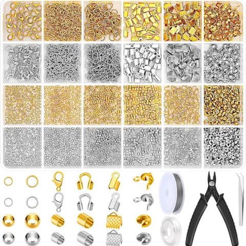 2384PCS Crimp Beads for Jewelry Making,Knot Cap, Pressure Tube and Steel Wire Shield with Pressure Clamp for DIY Jewelry Bracelet Necklace Making