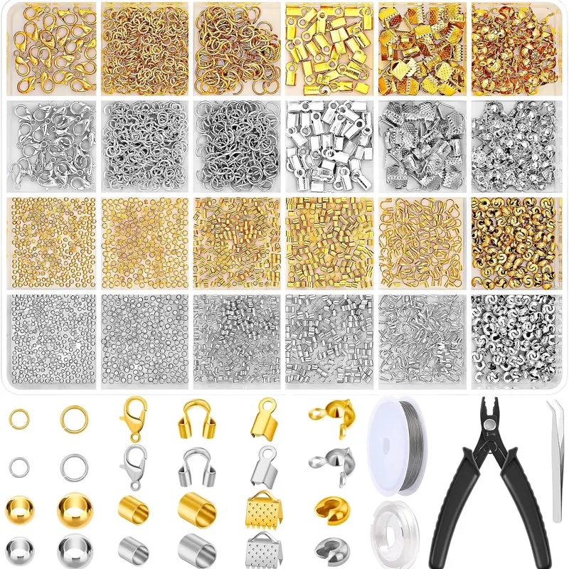 2384PCS Crimp Beads for Jewelry Making,Knot Cap, Pressure Tube and Steel Wire Shield with Pressure Clamp for DIY Jewelry Bracelet Necklace Making