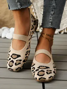 Women's Leopard Print Knit Single Shoe, Comfortable Breathable Lightweight Versatile Mom Shoes, All-Season Casual Flat Outdoor Women's Shoes, Slip On Shoes