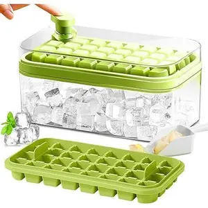 Ice Cube Tray with Lid and Bin, 64 Pcs Ice Cube Mold (Green). Double Tray.