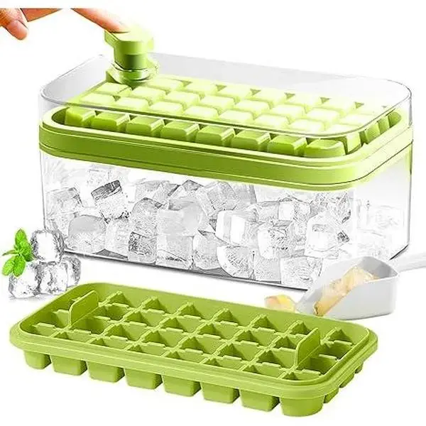 Ice Cube Tray with Lid and Bin, 64 Pcs Ice Cube Mold (Green). Double Tray.