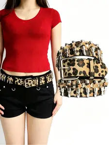 Leopard Print Punk Y2K Belt, PU Material, Rivet Bullet Head Design, Versatile Streetwear Accessory, Perfect for Jeans and Skirts, Trendy Belt