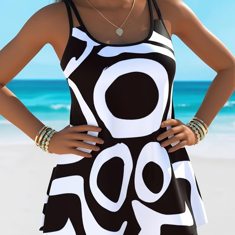 Sexy Deep V-Neck Women's One-Piece Bikini Swimsuit in Bold Black and White Pattern for Beach and Hot Springs